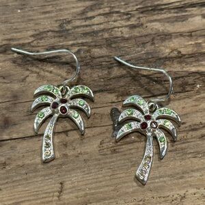 Silver Palm Tree Earrings with Green, Red and Yellow Accent Stones